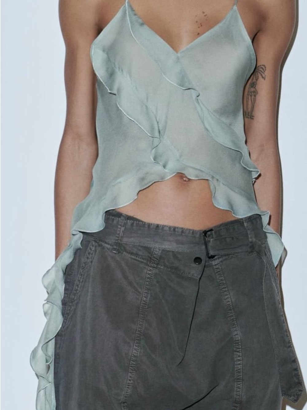 Zara Sz XS Dusty Grey Blue Semi Sheer Ruffle Romantic Camisole
